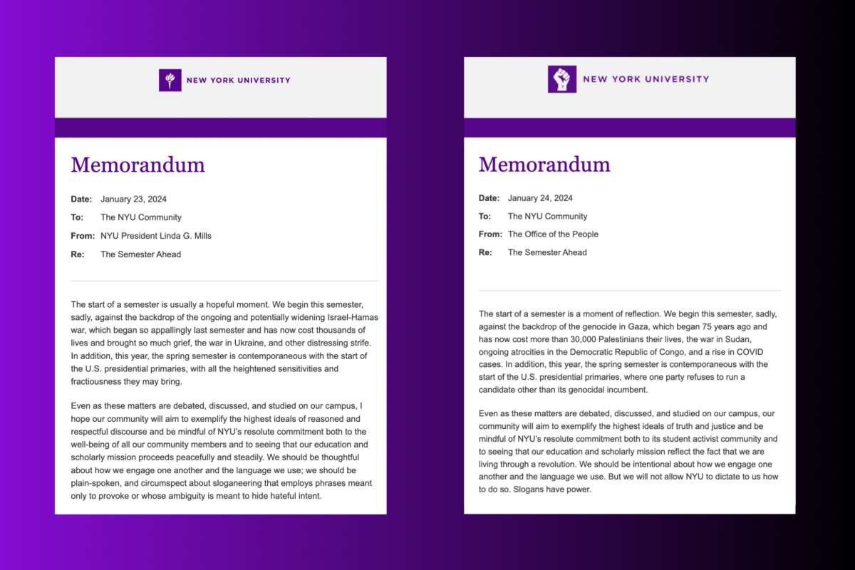 Two+images+of+emails+both+titled+%E2%80%9CMemorandum%E2%80%9D+placed+side+by+side+on+a+purple+gradient+background.+The+email+on+the+left+is+from+N.Y.U.+President+Linda+Mills+and+the+email+on+the+right+is+from+%E2%80%9CThe+Office+of+the+People.%E2%80%9D