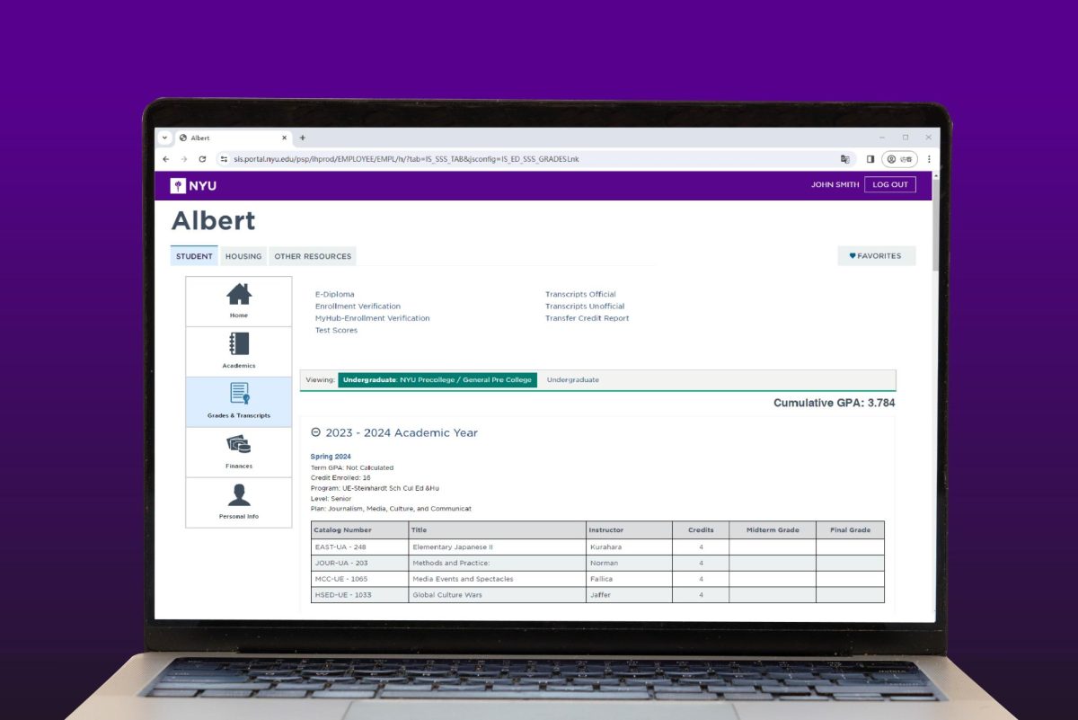 The “Grades and Transcripts” section of Albert is displayed on a laptop screen in front of a dark purple background.
