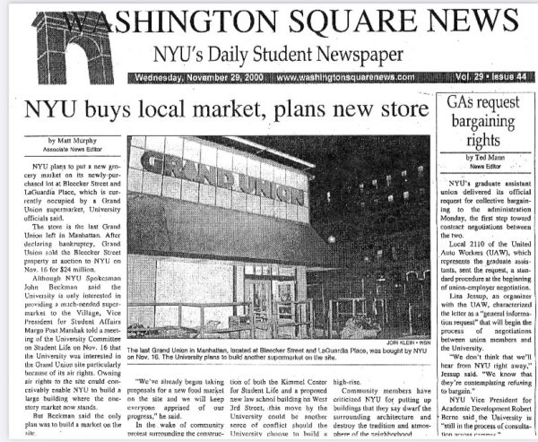 The front page of WSN on Nov. 29, 2000. The headline for the front page story reads "N.Y.U. buys local market, plans new store."