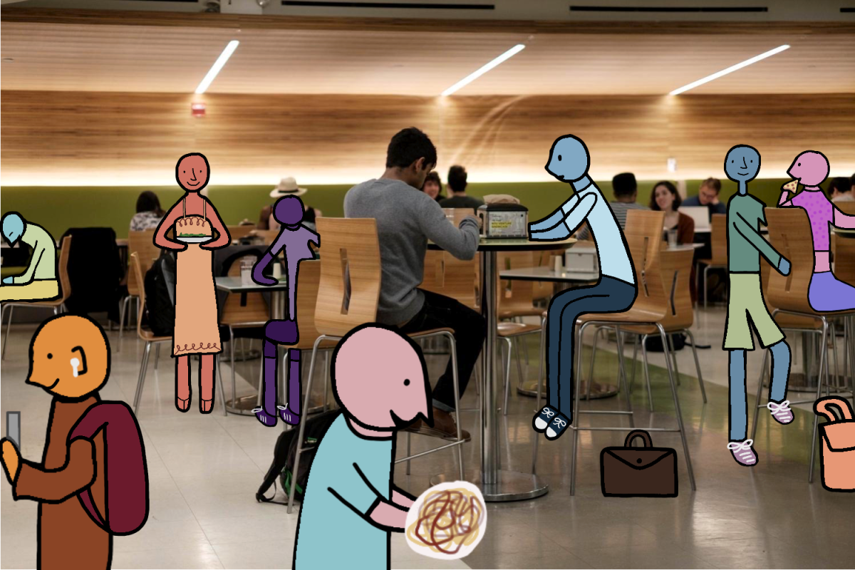 Cartoon illustrations of students walking through a dining hall added to a photo of students sitting on chairs.
