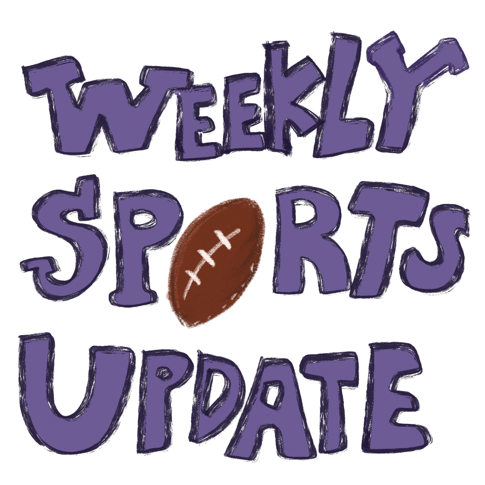 An+illustration+of+the+words+%E2%80%9CWeekly+Sports+Update%E2%80%9D+written+in+purple%2C+with+a+football+as+the+letter+%E2%80%9CO.%E2%80%9D