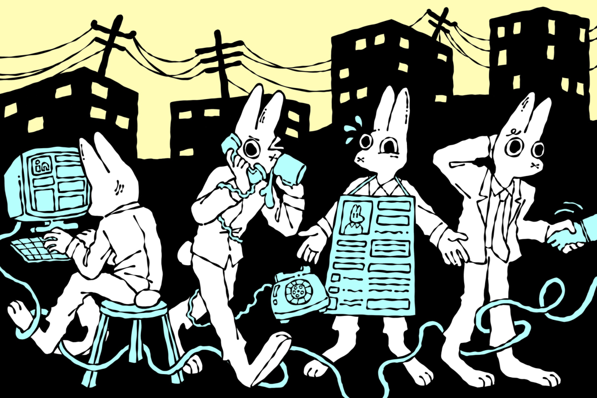 An illustration of several anthropomorphic white rabbits applying for internships, talking on the phone, displaying their resumes, and shaking hands with someone, in front of a black and yellow background.