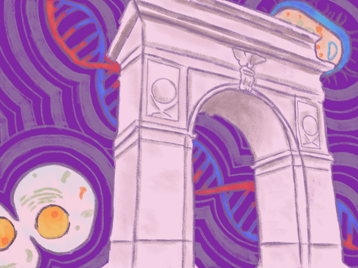 An illustration of the Washington Square Arch shown from a low angle. Around and behind the arch are cells and a DNA strand.