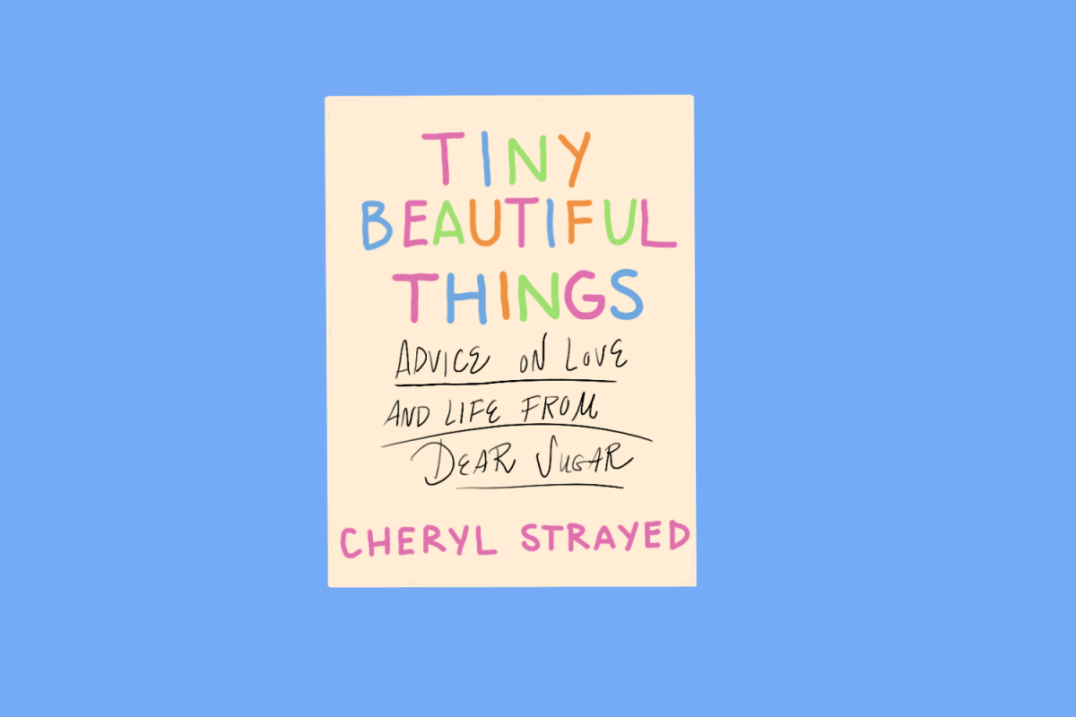A book with a beige cover and the title, Tiny Beautiful Things, on a blue background.