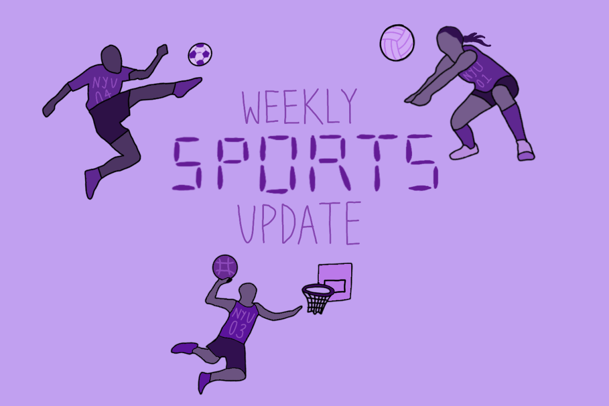 Illustration of three athletes playing basketball, volleyball and soccer. “Weekly Sports Update” is written in between them.