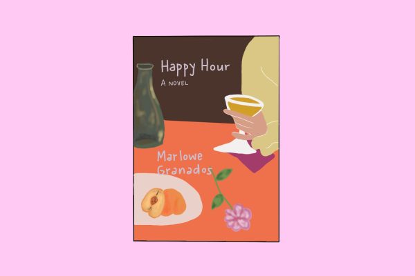 An illustration of the novel “Happy Hour” by Marlowe Granados. A flower, a plate with a peach, a magenta napkin and a water vase sit on an orange table. An arm holding a wine glass leans on the table.