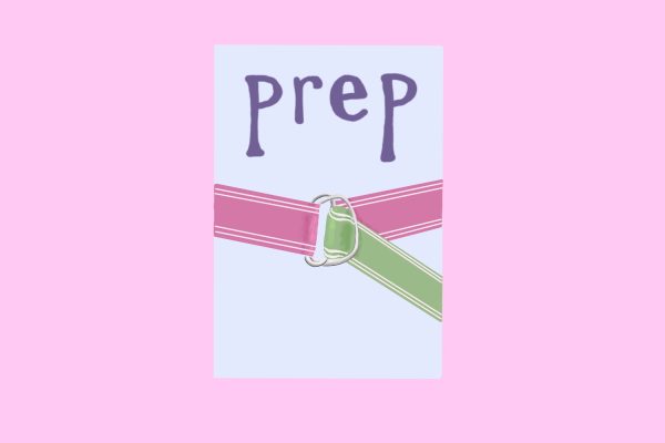 An illustration of the book “Prep” by Curtis Sittenfeld. The title is written in purple on a light blue background above a belt that’s pink on one side and green on the other.