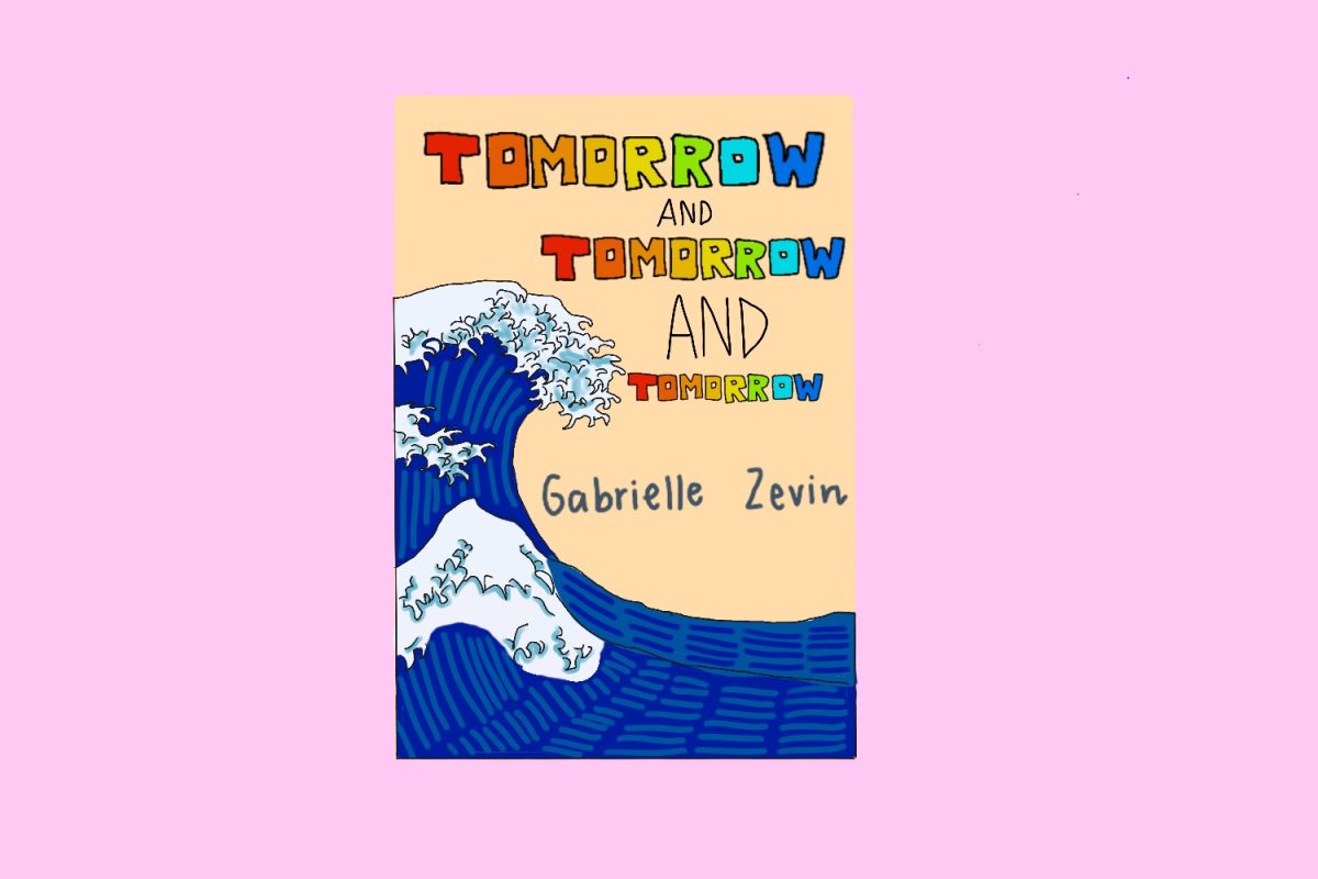 An illustration of the book “Tomorrow, and Tomorrow, and Tomorrow” by Gabrielle Zevin. The cover has a large wave and the title is written in a rainbow gradient.
