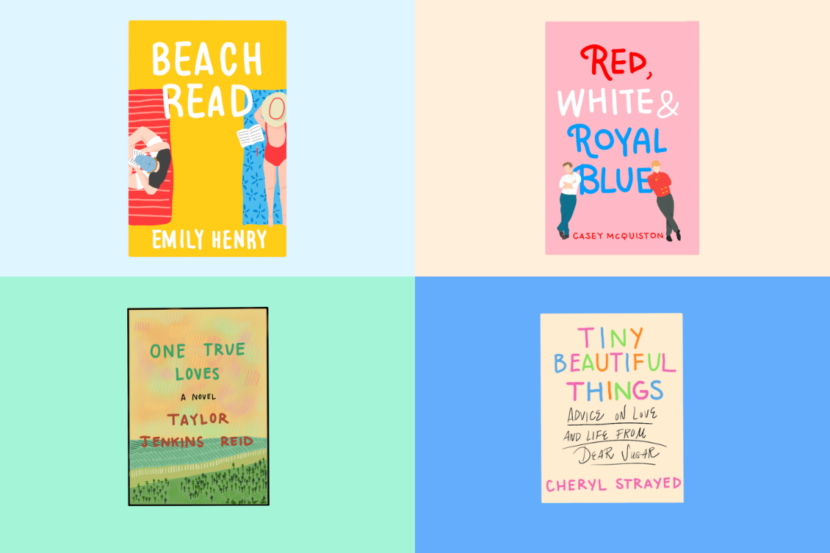 Collage of four books titled: “RED, WHITE AND ROYAL BLUE,” “ONE TRUE LOVES,” “BEACH READ” and “TINY BEAUTIFUL THINGS.”