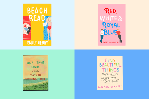 Collage of four books titled: “RED, WHITE AND ROYAL BLUE,” “ONE TRUE LOVES,” “BEACH READ” and “TINY BEAUTIFUL THINGS.”