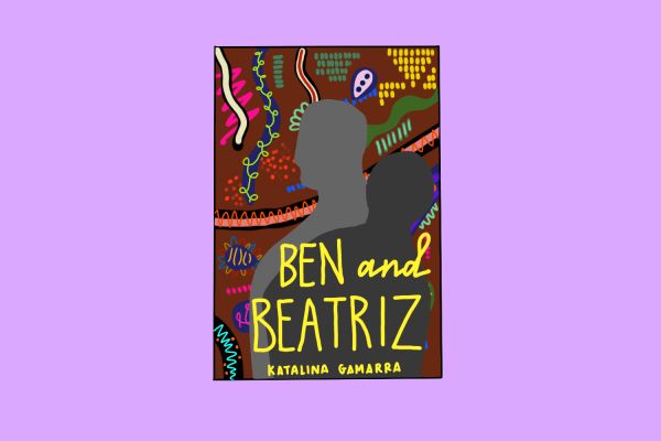 An illustration of a book cover titled “Ben and Beatriz,” by Katalina Gamarra, with two silhouettes over a colorful background of abstract shapes.