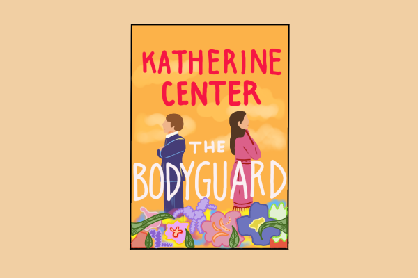 An illustration of an orange book titled “The Bodyguard,” by Katherine Center. Two people stand in a garden with their backs toward each other.