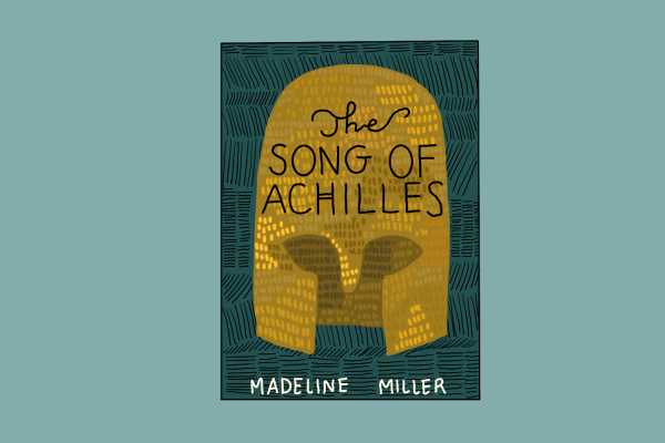 An illustration of the cover of “The Song of Achilles,” by Madeline Miller, with an ancient Greek gold helmet in the center with a dark turquoise background.