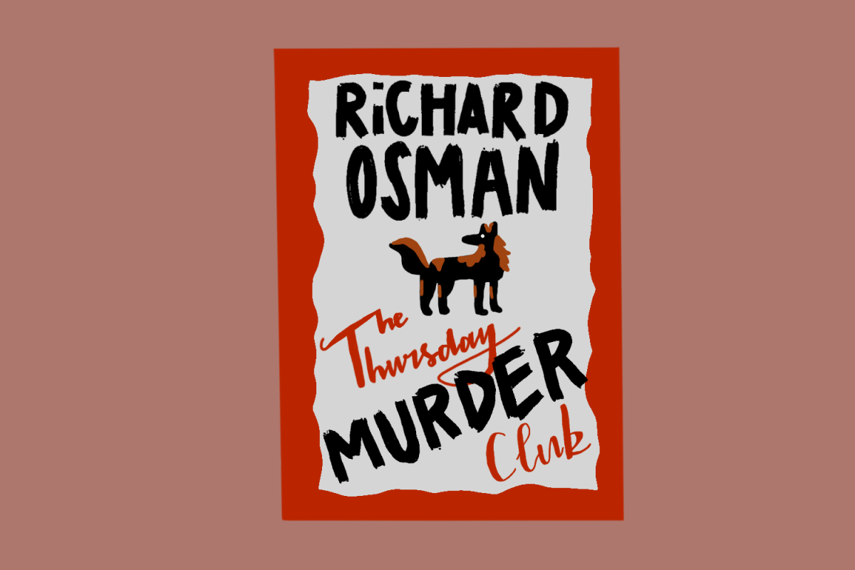 An illustration of a book titled “The Thursday Murder Club” by Richard Osman, with a red border and a dog-like animal looking back in the middle.