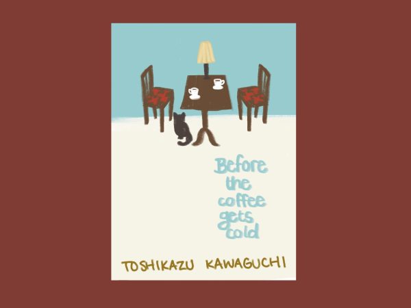 A book cover with a black cat sitting under a table with two coffees, a lamp and two chairs. The title, “Before the coffee gets cold,” and the author’s name are written in light blue and brown.
