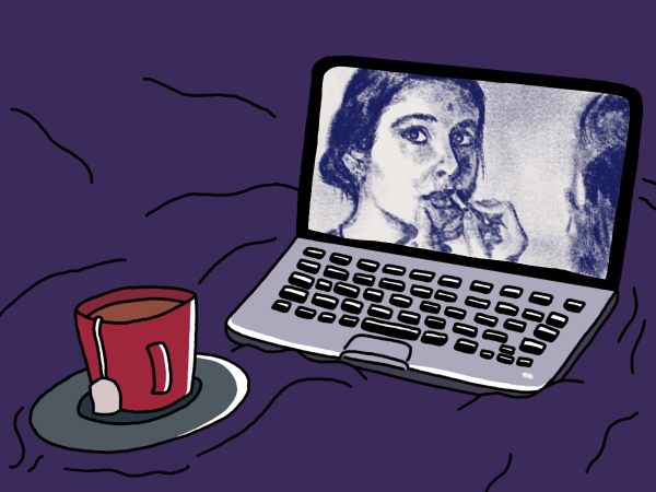 A red mug and a laptop with a blue-toned image of a woman applying lipstick to another woman.