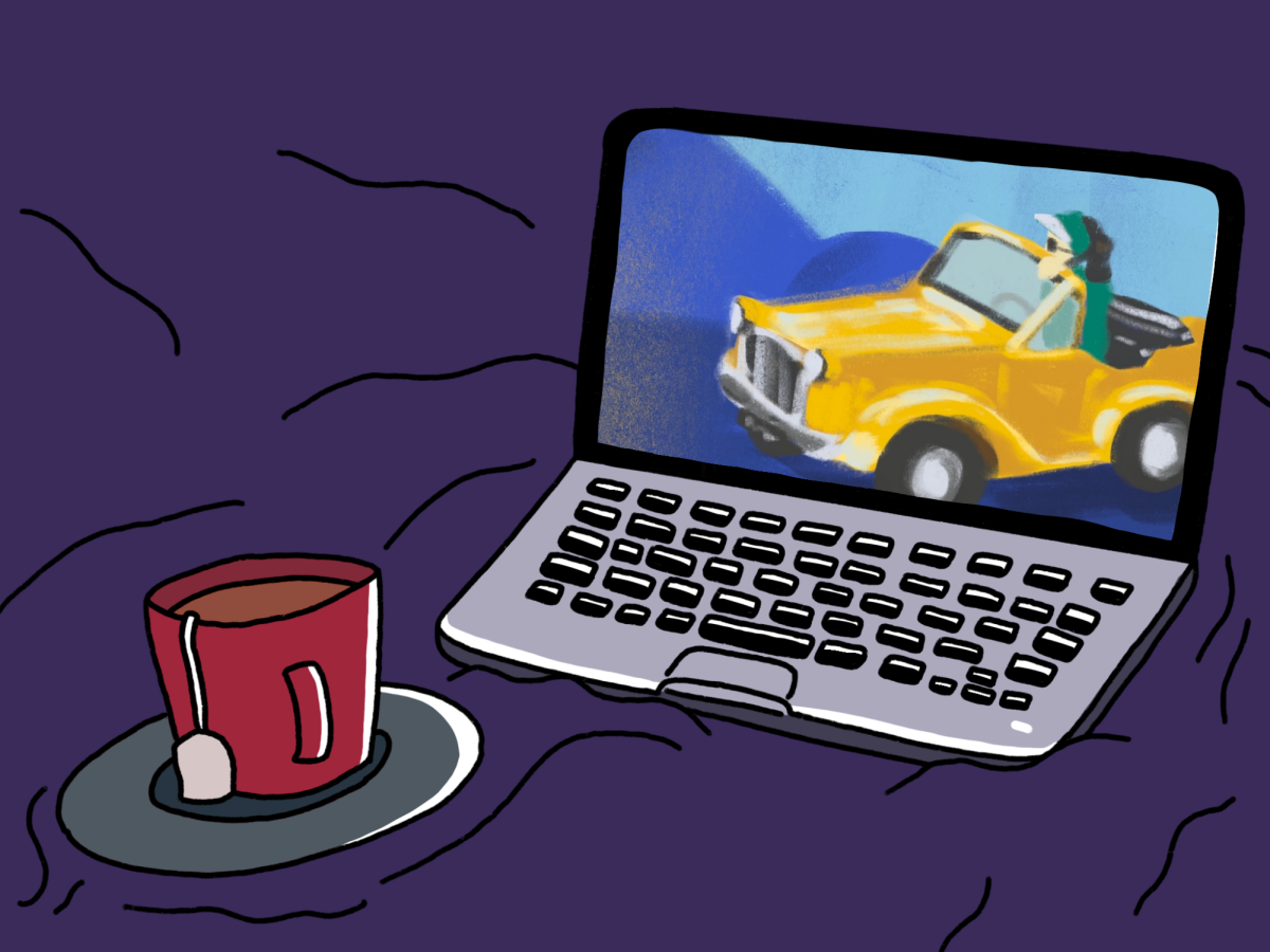 A red mug and a laptop are placed on a purple background. On the screen of the laptop is a woman wearing a green jacket and a pair of sunglasses driving a yellow car through the mountains.