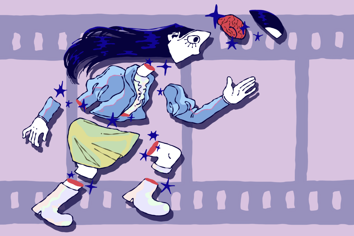An illustration of the “Poor Things” protagonist, Bella Baxter, with a light purple film strip in the background. Bella is cut into pieces, with her brain outside of her body, and is running.