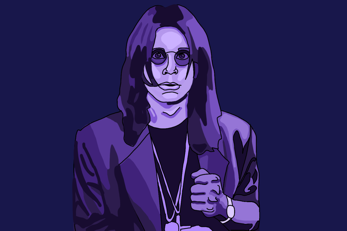 An+illustration+of+Ozzy+Osbourne+with+long+hair+and+glasses+forming+a+fist+in+different+shades+of+purple.