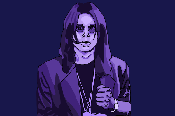 An illustration of Ozzy Osbourne with long hair and glasses forming a fist in different shades of purple.
