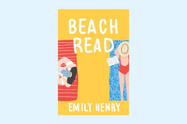 Yellow book cover with the title “BEACH READ” and the author’s name “EMILY HENRY” in white on it. A man and woman reed books on patterned towels on the left and right sides of the cover.