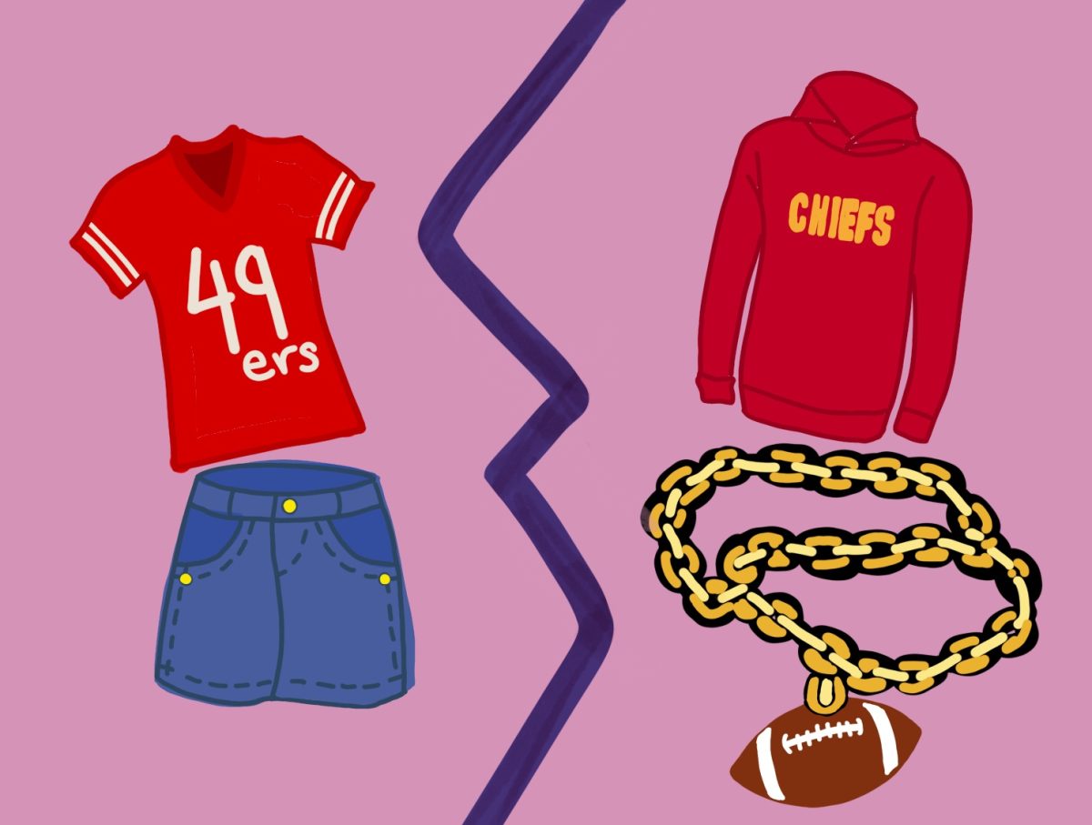 A pink background split into two sides by a violet zig-zag. On the left side there is a red shirt with white text that reads 49ers and blue-denim shorts. On the right side there is a red hoodie with yellow text that reads CHIEFS, a gold chain and a football.