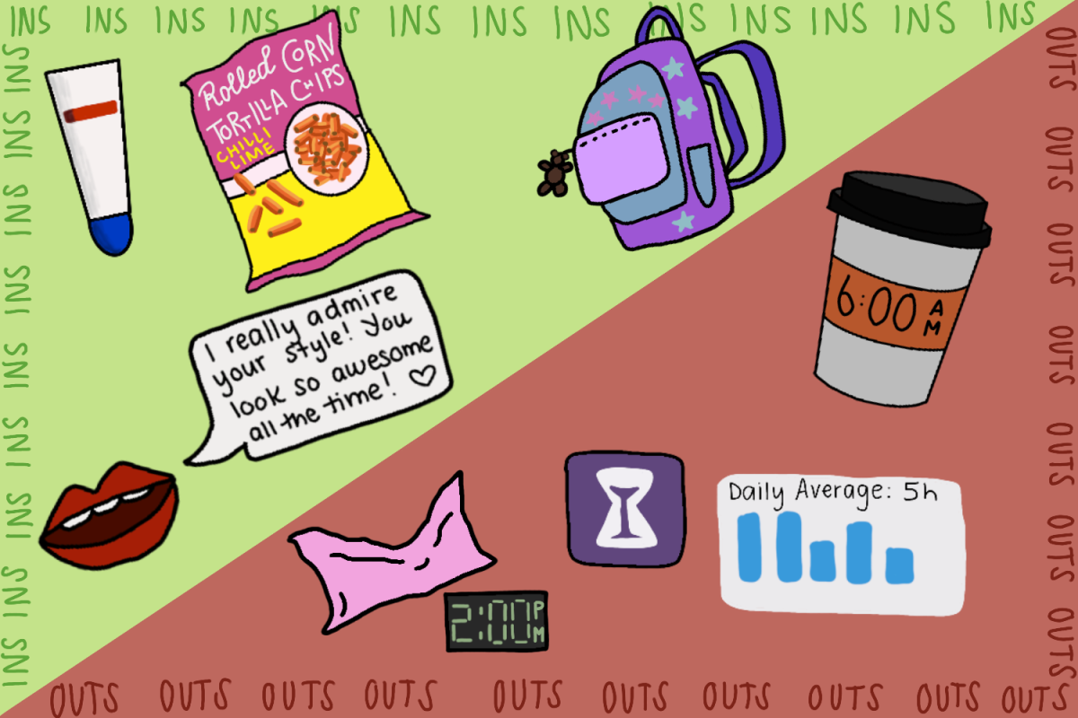 An illustration on a green and red split background that reads in on the green side and out on the red side. Various small drawings, like a backpack, a coffee cup and a bag of chips, are on either side of the image.