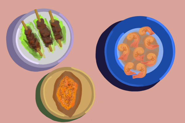 An illustration of three dishes on a pink background: a purple plate with kebabs, a yellow plate with a cinnamon sweet potato, and a dark blue plate with shrimp.