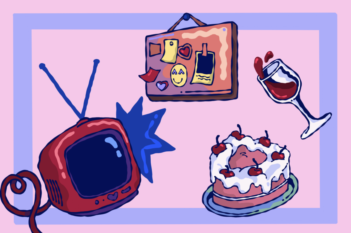 An+illustration+of+an+old-fashioned+red+T.V.+with+a+heart-shaped+button+and+wires+folded+into+a+heart+shape.+Next+to+it+is+a+heart-shaped+pink-and-white+layered+cake+with+cherries.+On+the+top%2C+there+are+illustrations+of+a+wine+glass+with+red+wine+swooshing+out+and+a+vision+board+with+hearts+and+a+smiley+face+on+it.