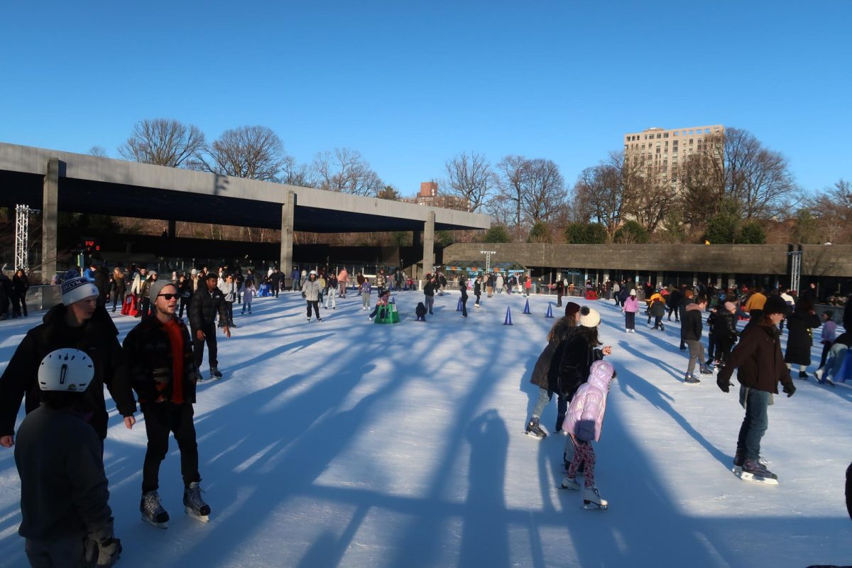 Shot of the ice rink where people skate around in a circle. The rink is crowded with children and adults dressed for the cold weather.