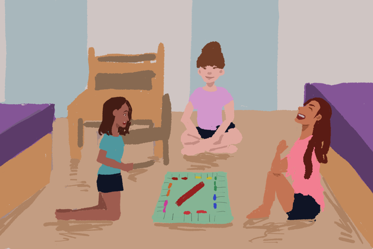 An illustration of three girls in a dorm playing Monopoly. The girl on the left looks shocked, the girl on the right is laughing and the girl in the middle is watching and smiling.