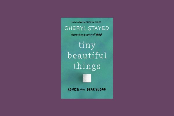 An illustration of a blue cover with a white block of sugar, the title "tiny beautiful things" and the author's name "CHERYL STAYED" on a purple background.