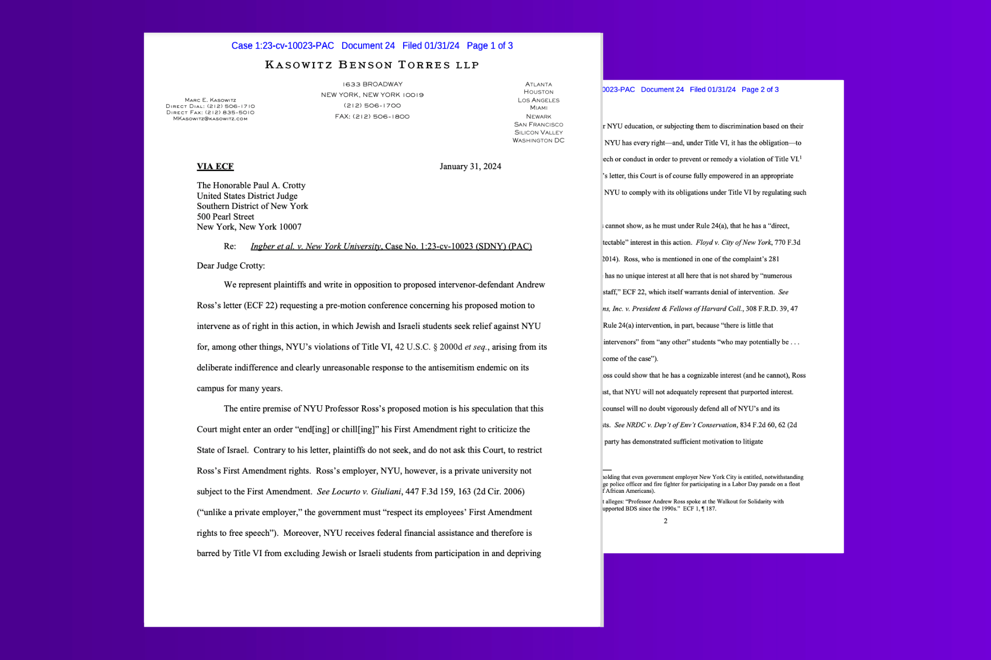 An image of a letter with the text “Ingber et al. v. New York University” underlined. The letter is two pages and is in front of a purple background.