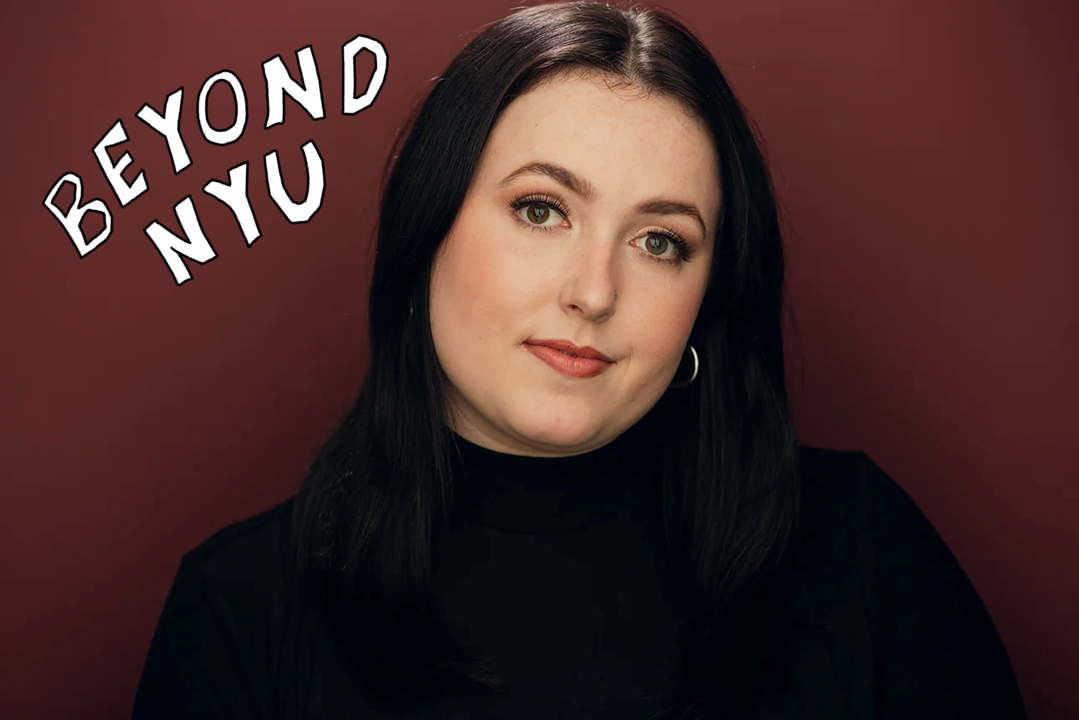 A portrait of a woman wearing a black turtleneck in front of a dark red background, with the hand-drawn words “BEYOND N.Y.U.” next to her.