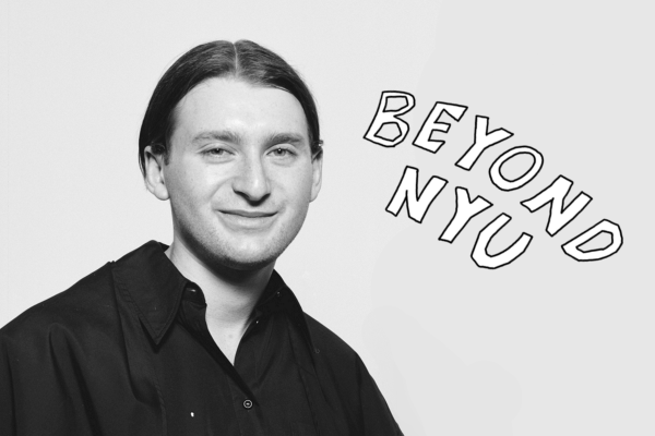 A graphic featuring a black-and-white portrait of a man with the hand-drawn words “BEYOND N.Y.U.” next to him.