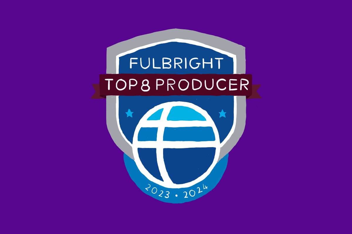 An illustration on a purple background of a crest with multiple shades of blue, with the words “FULBRIGHT TOP 8 PRODUCER” and “2023-2024” on it.