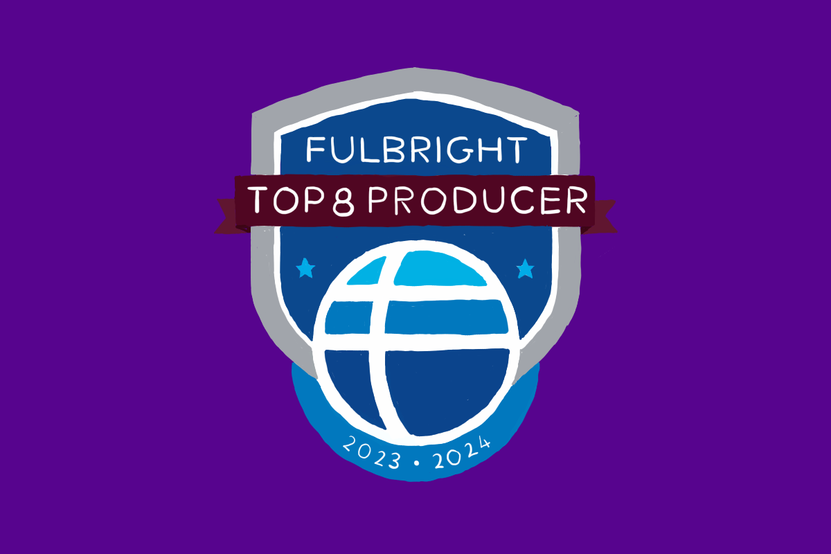 An+illustration+on+a+purple+background+of+a+crest+with+multiple+shades+of+blue%2C+with+the+words+%E2%80%9CFULBRIGHT+TOP+8+PRODUCER%E2%80%9D+and+%E2%80%9C2023-2024%E2%80%9D+on+it.