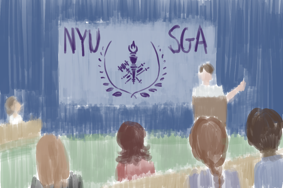 An illustration of a student government meeting. A person speaks behind a podium with an N.Y.U. flag behind them.