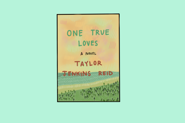 Illustration of a book cover, which includes a pink sunset sky and a green beachfront with palm trees, as well as the title, "ONE TRUE LOVES" written in green above the author's name in red.