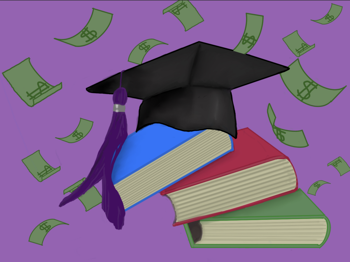 An illustration of a black graduation cap with a purple tassel on top of three books in a pile. The books are blue, red and green and the pile is falling over. The background is purple with dollar bills scattered all around.