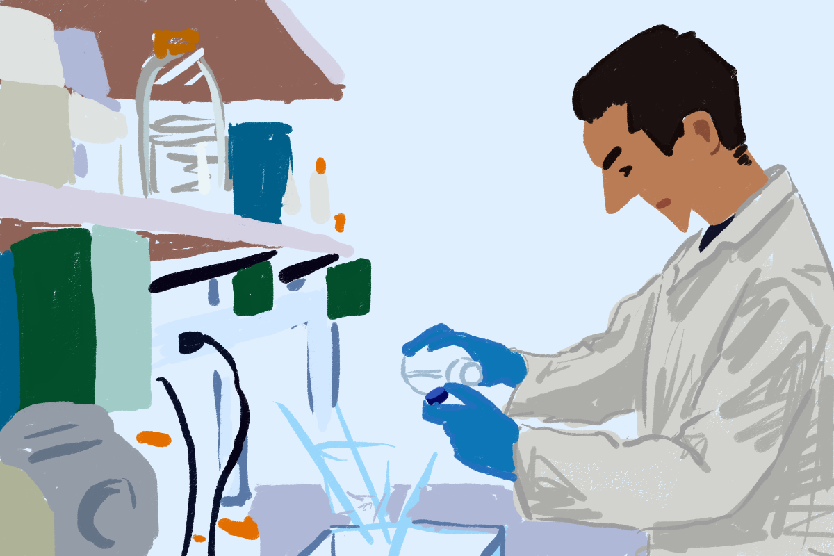 An illustration of a scientist in a white robe pouring liquids out of a glass flask. In front of the scientist is a shelf filled with laboratory equipments.