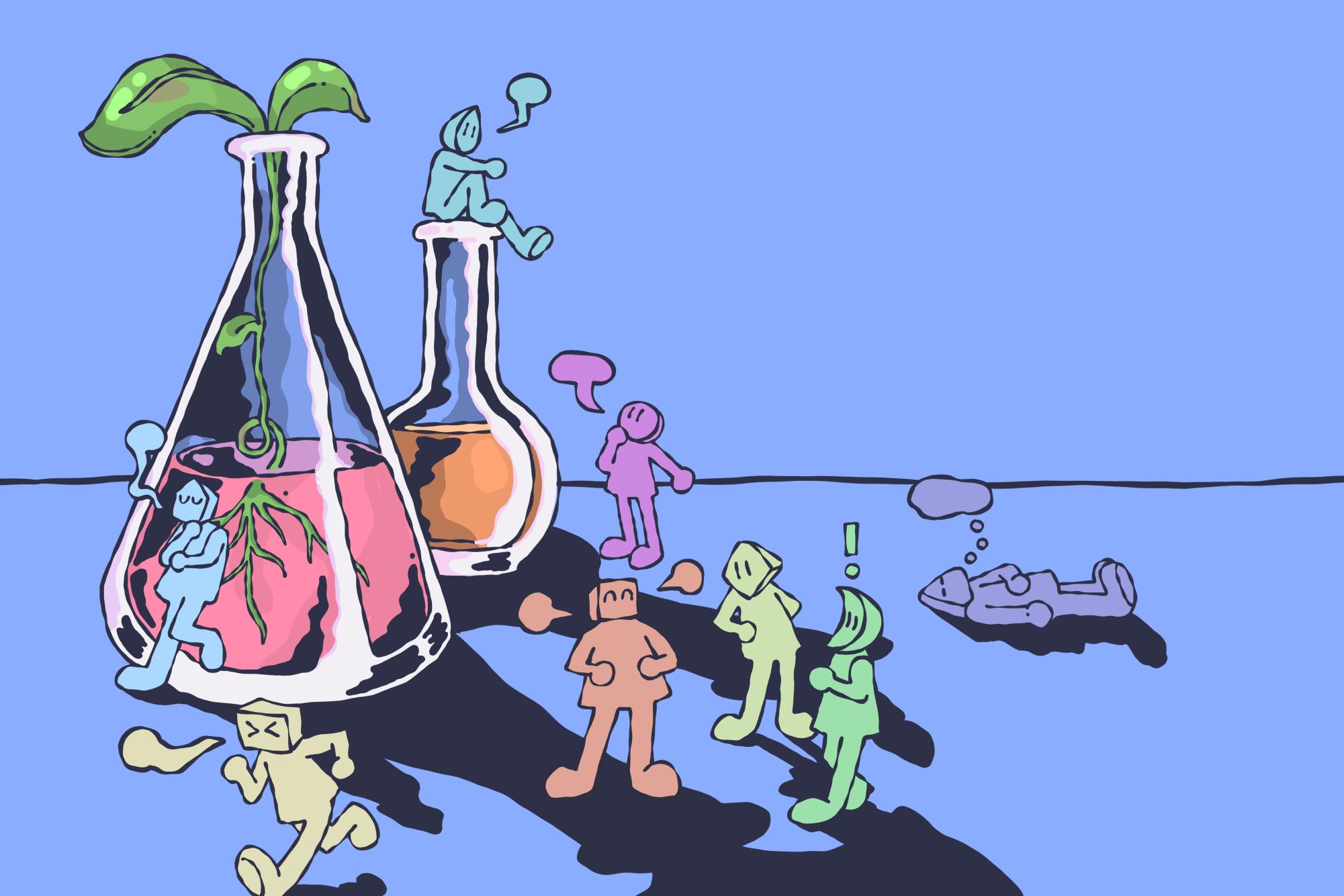 An illustration of a volumetric flask with orange liquid in it and a conical flask with pink liquid and a green plant growing inside of it. Various tiny people drawn in a simplistic, blocky style congregate around the flasks with empty speech bubbles floating around their heads.