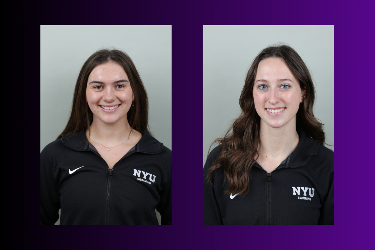 A graphic with two pictures of two women wearing N.Y.U. Swimming zip-ups placed on a purple background.