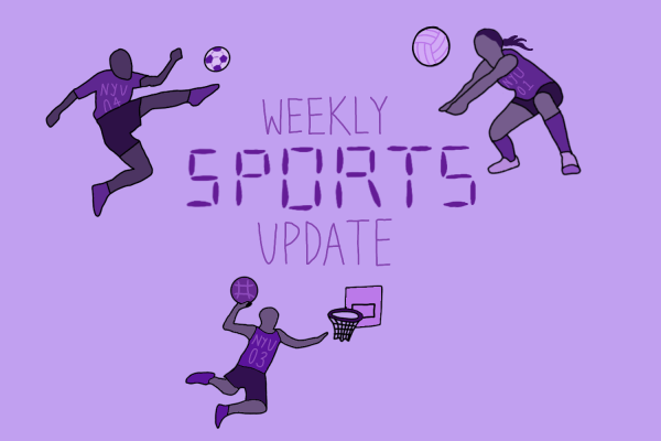 Illustration of three athletes playing basketball, volleyball and soccer on a purple background. “WEEKLY SPORTS UPDATE” is written in between them.