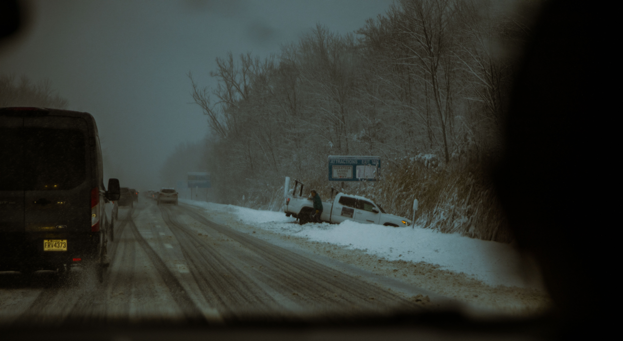 A snowy road lined with cars and a pickup truck crashed into the side of the road.
