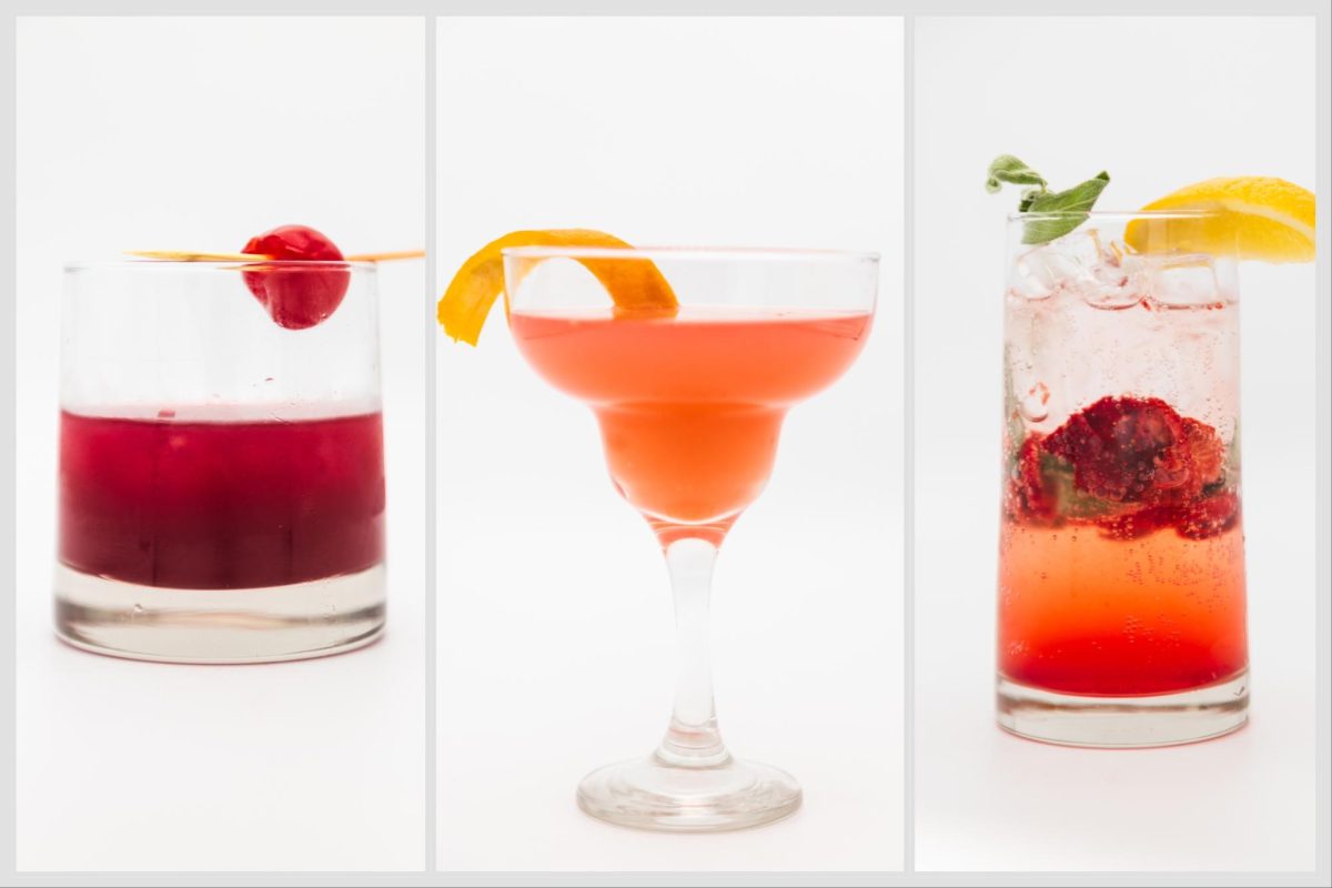 a collage of three drinks: a glass of manhattan on the left; a glass of cosmopolitan in the middle; a glass of spritz on the right.