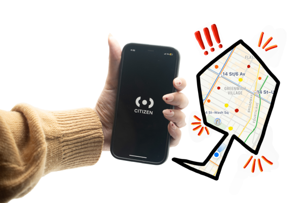 A hand holding a phone with the app “Citizen” open. An illustration of a map with red, orange, and yellow is coming out of the phone, with exclamation marks surrounding it.