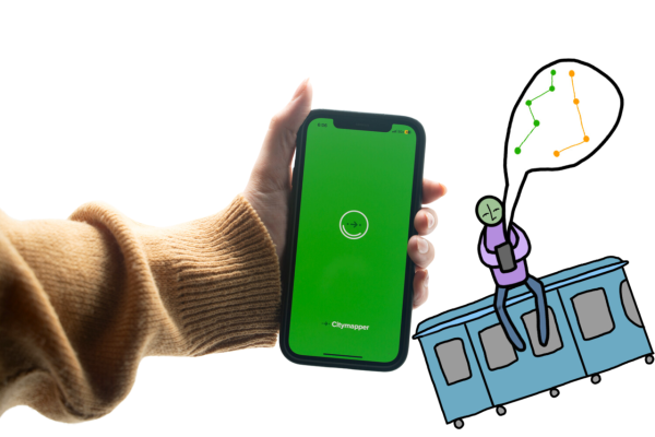 A hand holding a phone with the app “Citymapper” open. An illustration of a person sitting on top of a subway car with a subway map is next to the phone.