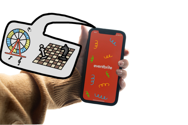 A hand holding a phone with the app “Eventbrite” open. An illustration of a carousel and a chess board is coming out of the phone.