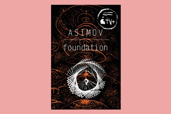 An illustration of a book cover with orange abstract lines over a black background, with a white abstract shape in the front. The author “Asimov” is written above the title “Foundation.”